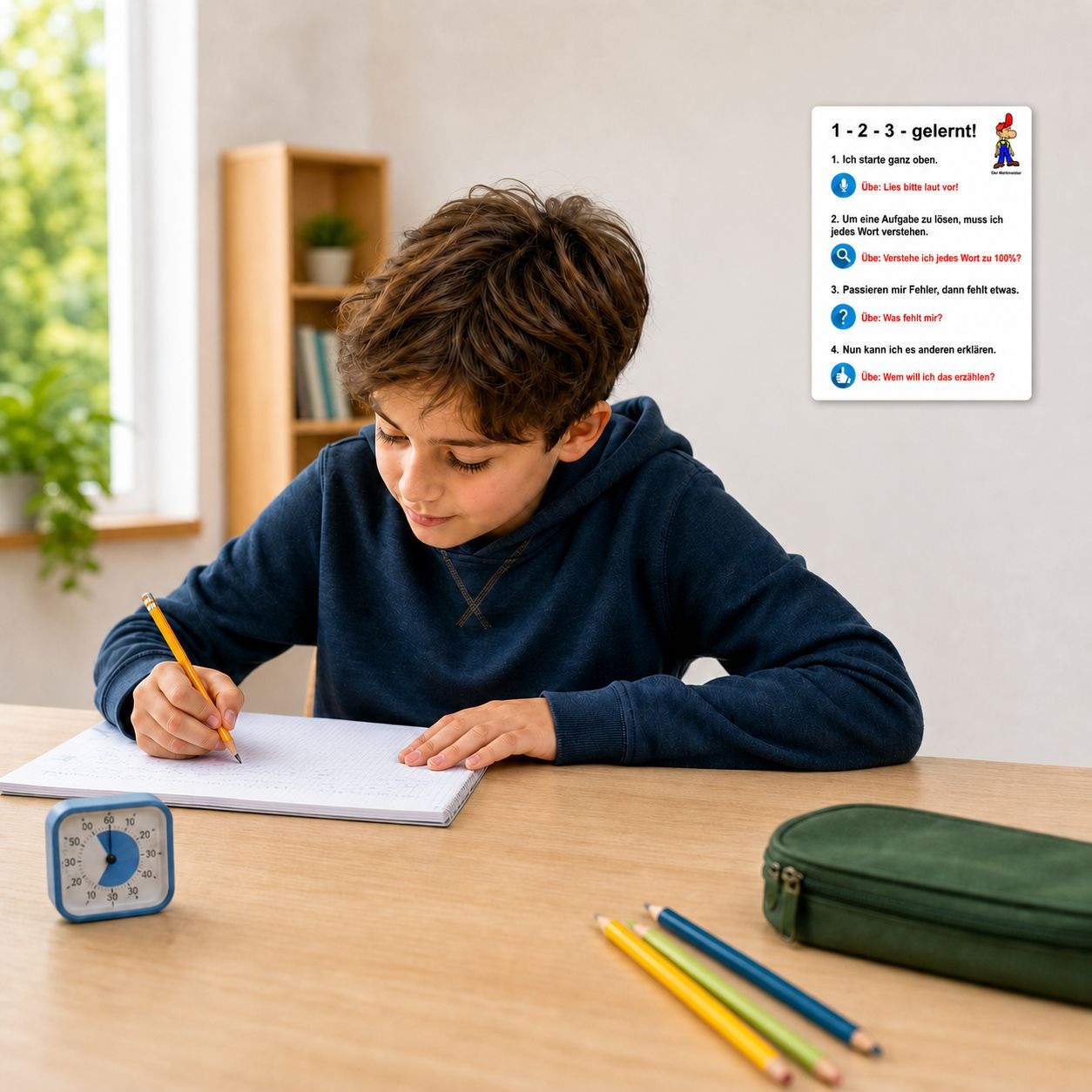 Schüler sitzt am Schreibtisch und lernt