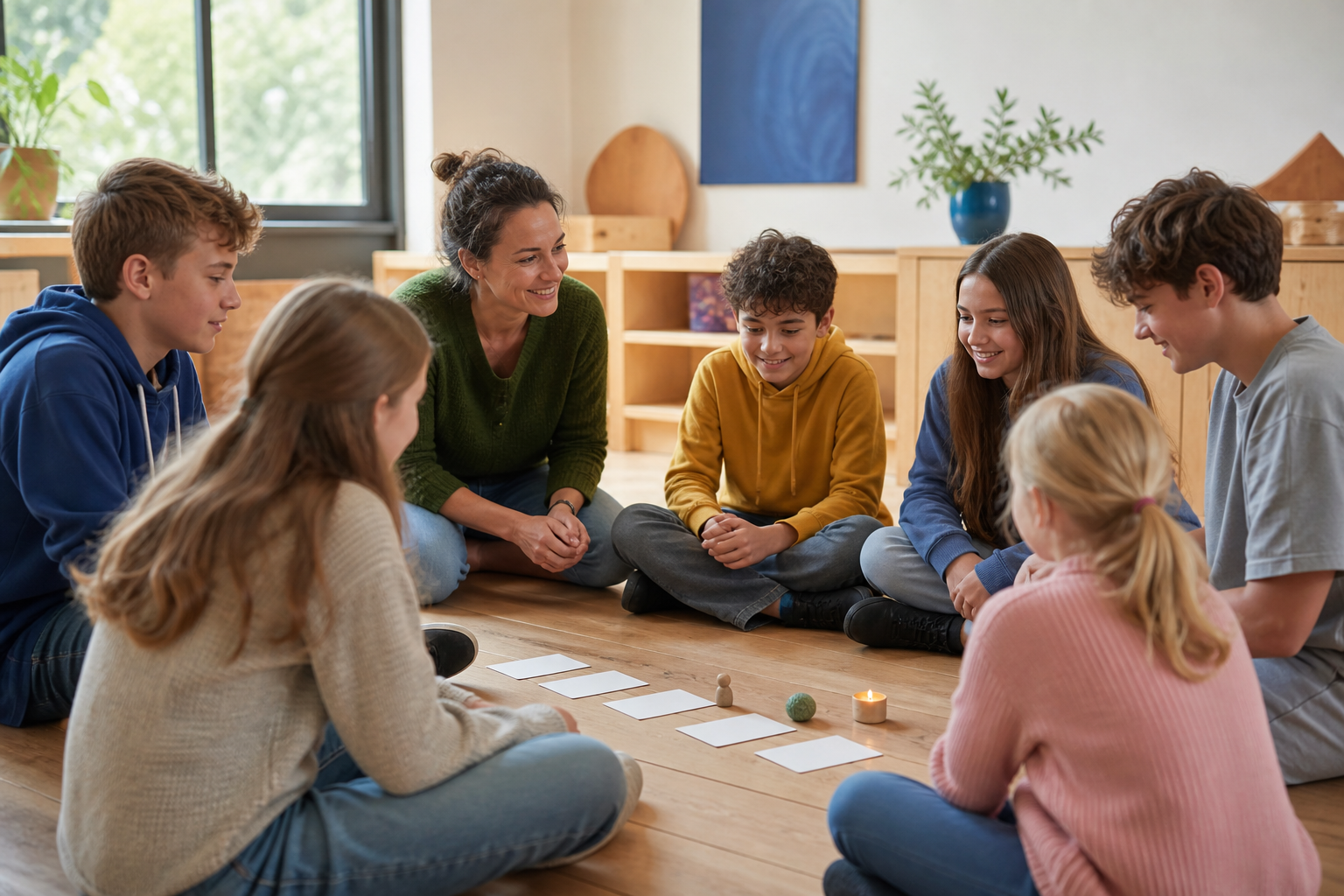 Kinder und Jugendliche sitzen mit einer Lernbegleiterin im Kreis